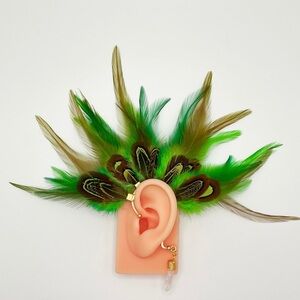 Green pheasant feather ear cuff - no pierce, pierce free earring